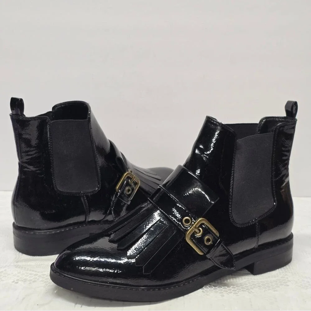 Marc Fisher Brigita Kiltie Buckle Booties In Black Patent Faux Leather Size 9.5